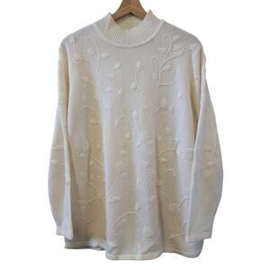 Vintage Floral Embroidered Knit Cowl Turtle Neck Pullover Long Sleeve Sweater